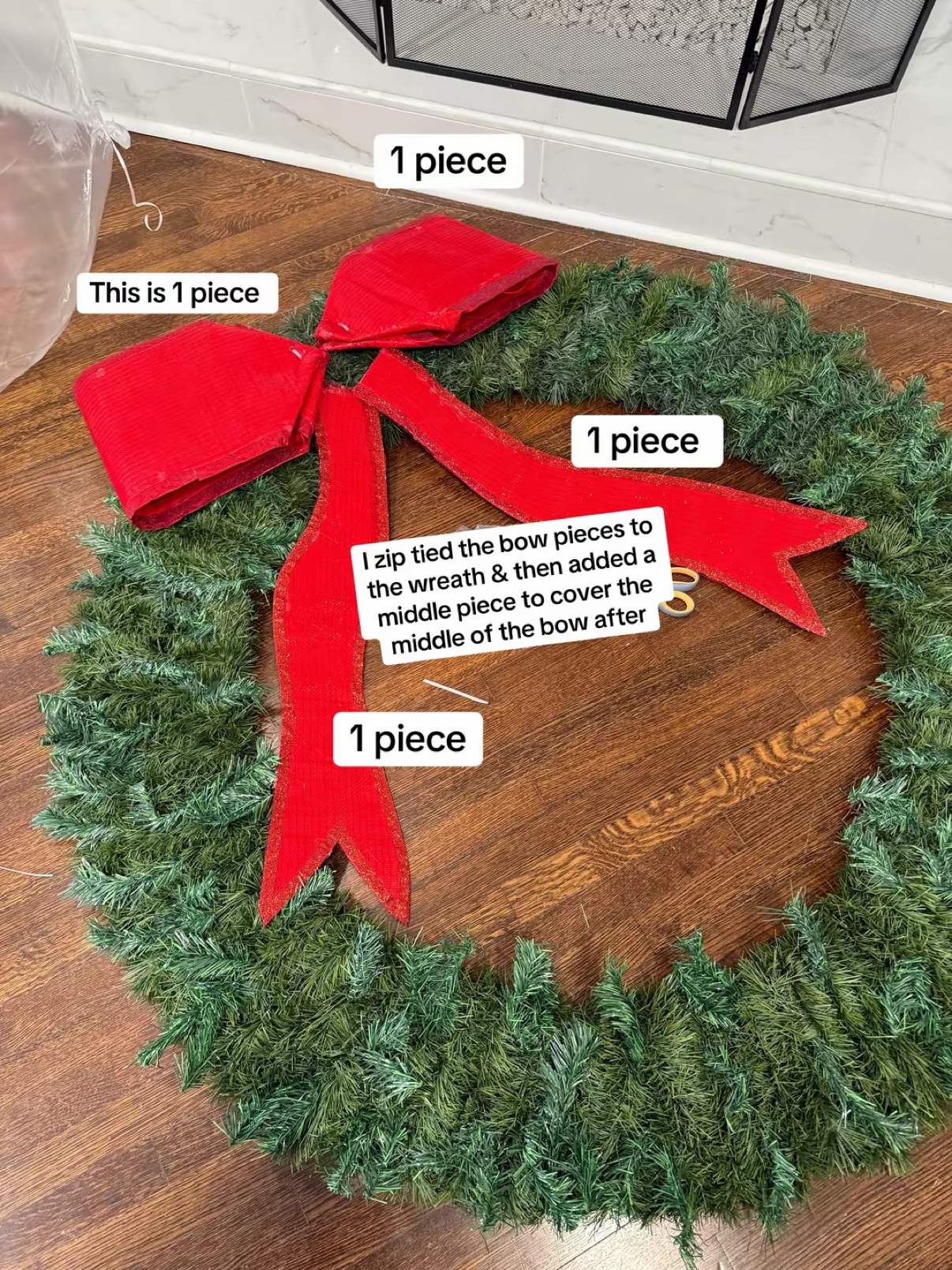 Bow pieces zip tied to the wreath